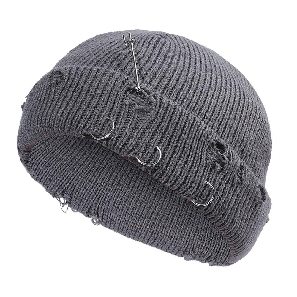 Casual Distressed Hole Female O-Ring Winter With Pins Knitted Hat Beanie Hat Warm Cap Solid Color
