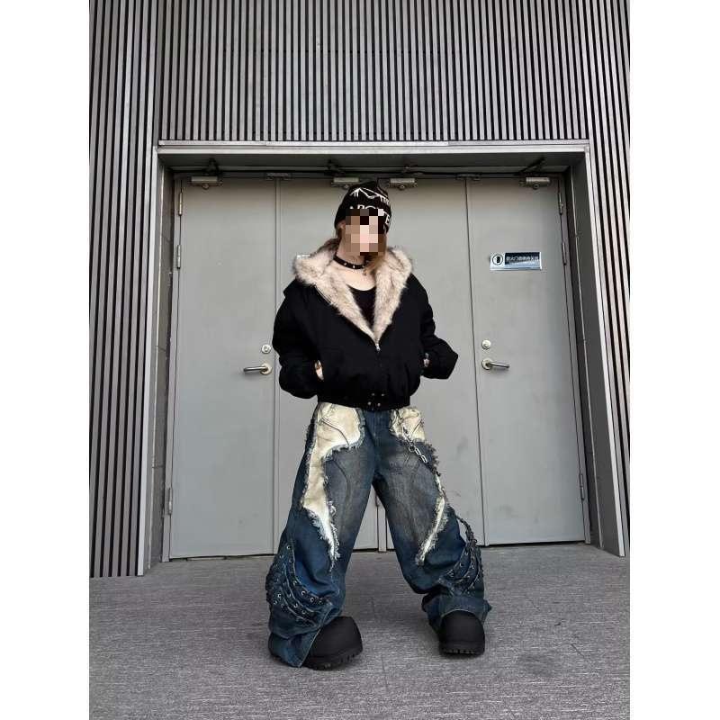 Мужские джинсы с широкими штанинами JYL Песчаная пустошь Американская Тяжелая стирка Заплатка Черные джинсовые штаны