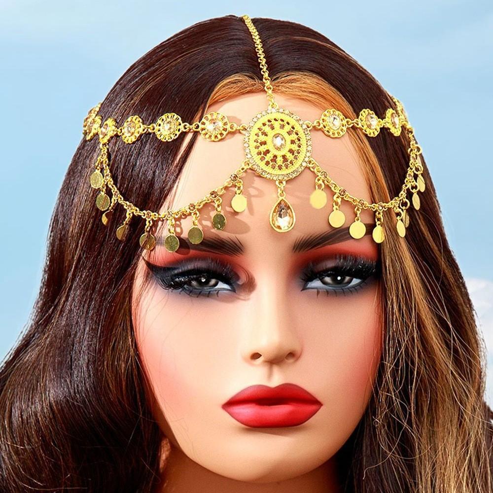 Арабское Свадебное Украшение для Волос Золотой Сплав Филигрань Кристалл Подвеска Повязка на Голову для Особого Случая