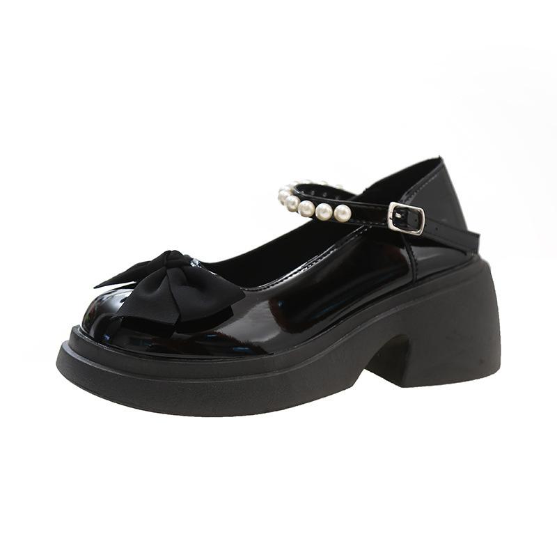 Модные туфли на толстом каблуке, маленькие кожаные туфли с жемчугом, весенняя платформа, высокий каблук, новая юбка с бантом, туфли Мэри Джейн женские