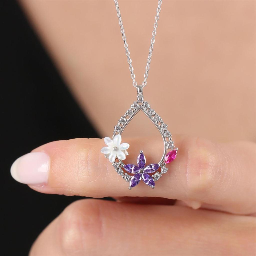 Magnolia Flower Amethyst Drop Flowers Silver Necklace