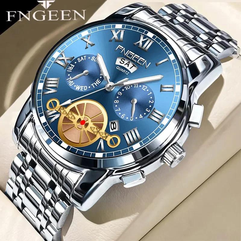 FNGEEN Men’s Watches Top Luxury Brand Fashion Quartz Men Watch Calendar Waterproof Gold Steel Business Wristwatch Reloj Hombre