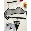 2Pc Lady See-Through Sexy Lingerie Set Black Mesh Halter Tops And Perspective Thongs Sets Women Underwear Bra Set