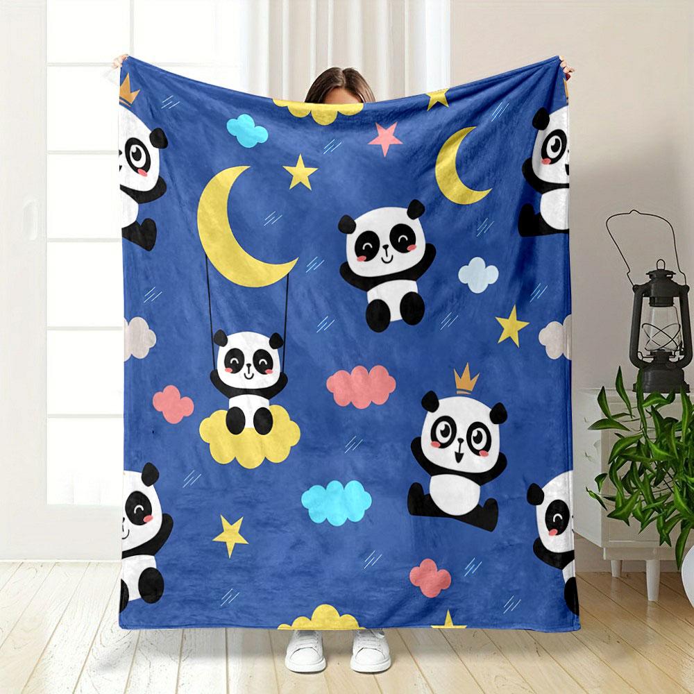 Cute Pandas and Moon Sky Pattern Patterned blanket, flannel, suitable for all seasons, home decor, warm and cozy