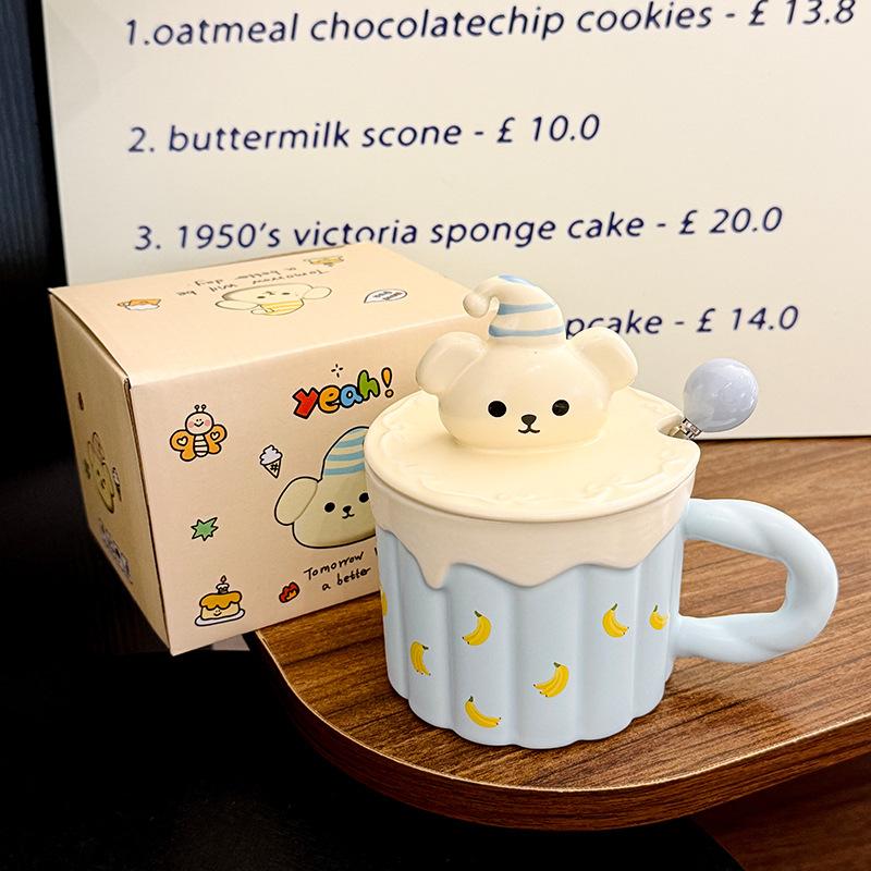 Cartoon Three Dimensional Puppy Lid Ceramic Cup with Spoon Cute Children's Household Mug Breakfast Milk Cup Souvenir