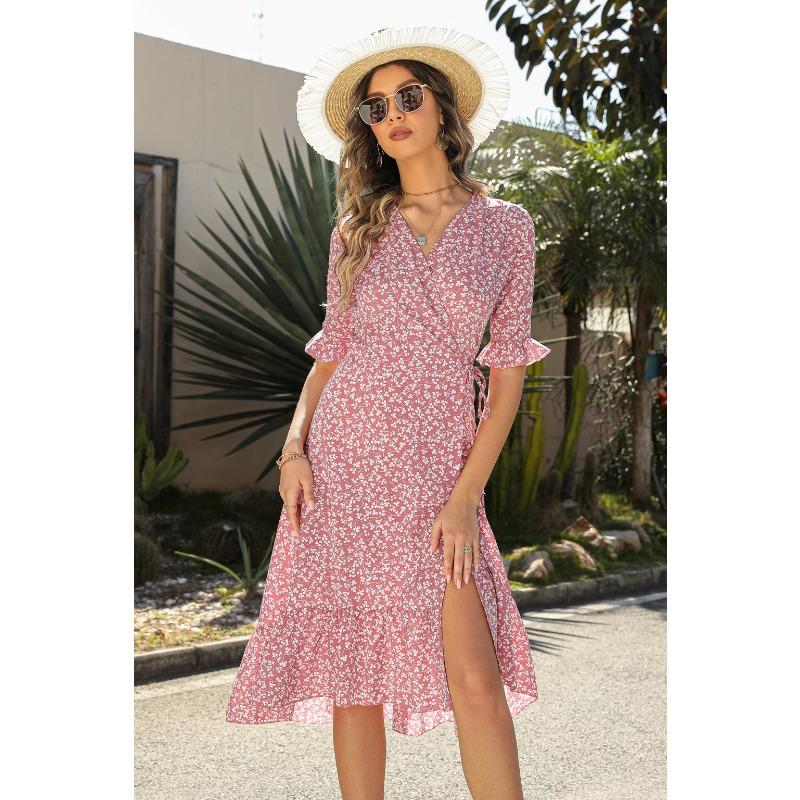 YYFS Женская мода лето весна цветочный узор принт с коротким рукавом V-образным вырезом с высокой талией повседневные платья