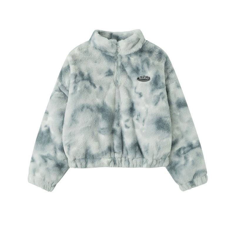 Womens Oversized Stand Collar Cotton Puffer Jacket With Tie-Dye Print Streetwear Chic Outerwear