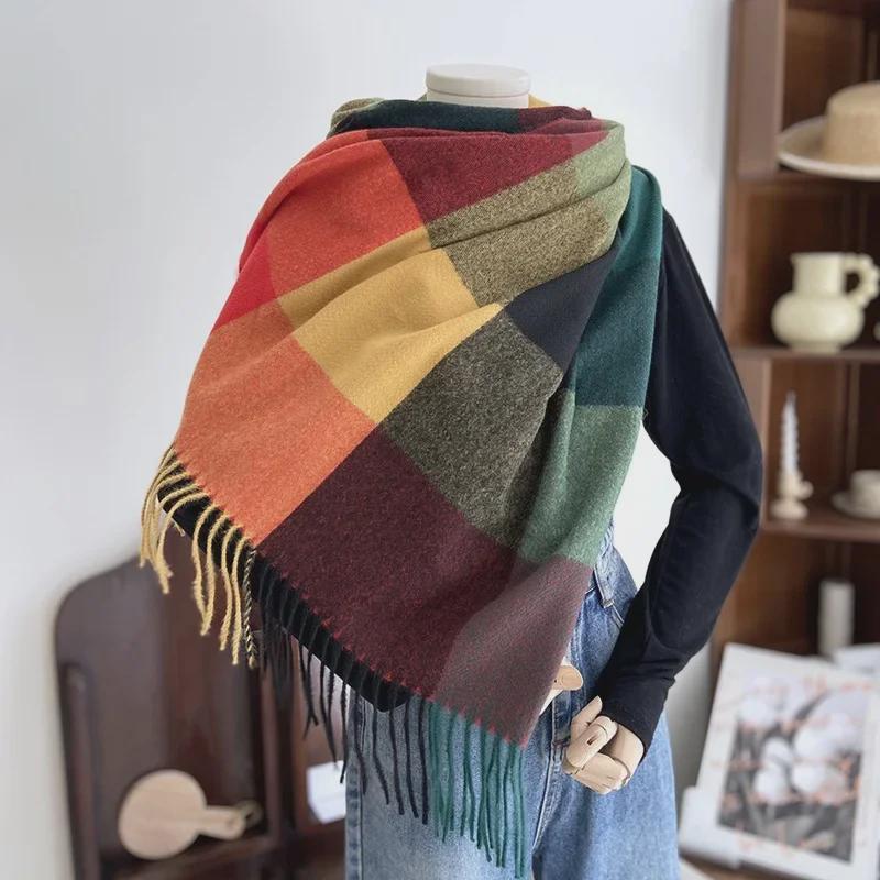 Women's Autumn/Winter 2022 Warm Imitation Cashmere Plaid Scarf Shawl - Korean Style
