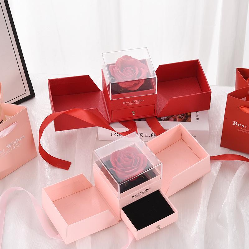 Valentine's Day Christmas Double Door Ring Pendant Box Apple Shaped Eternal Flower Jewelry Box Durable Plastic