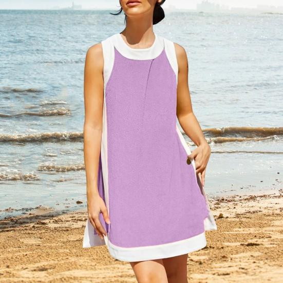 Комплект из двух вещей для женщин Летние наряды в стиле бохо с цветными блоками Без рукавов Круглый вырез Разрез сбоку Мини-платье Повседневные комплекты с шортами для отдыха