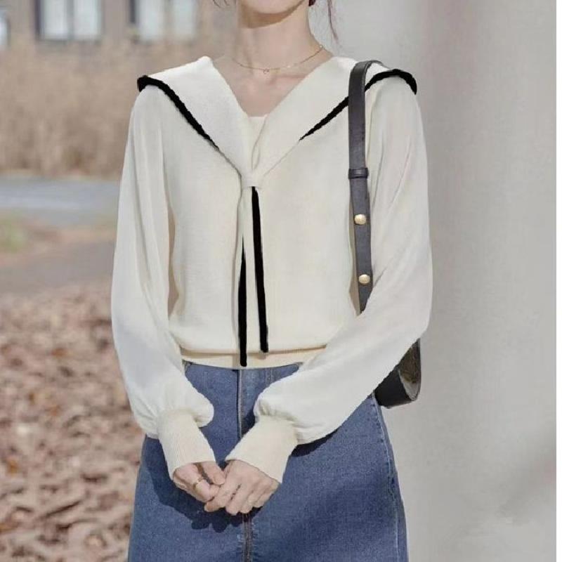 Polo Collar Fake Two Long-sleeved Knitted Sweaters for Women's Autumn and Winter New Design Sense, Niche Patchwork Shirt Short Top