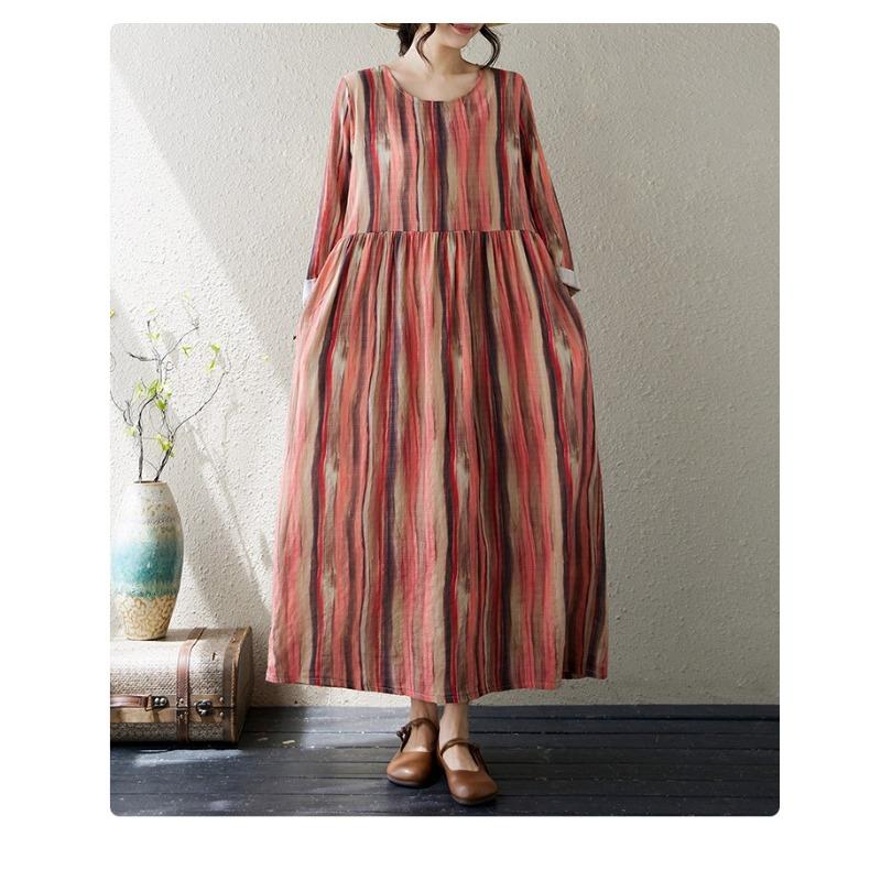 Осеннее литературное платье больших размеров из хлопка и льна с принтом, круглым вырезом и длинными рукавами для женщин, платья