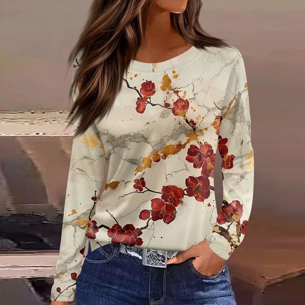 Women's Fashion Casual Slit Hem Round Neck Long Sleeve Loose Printed T-Shirt Ladies Top