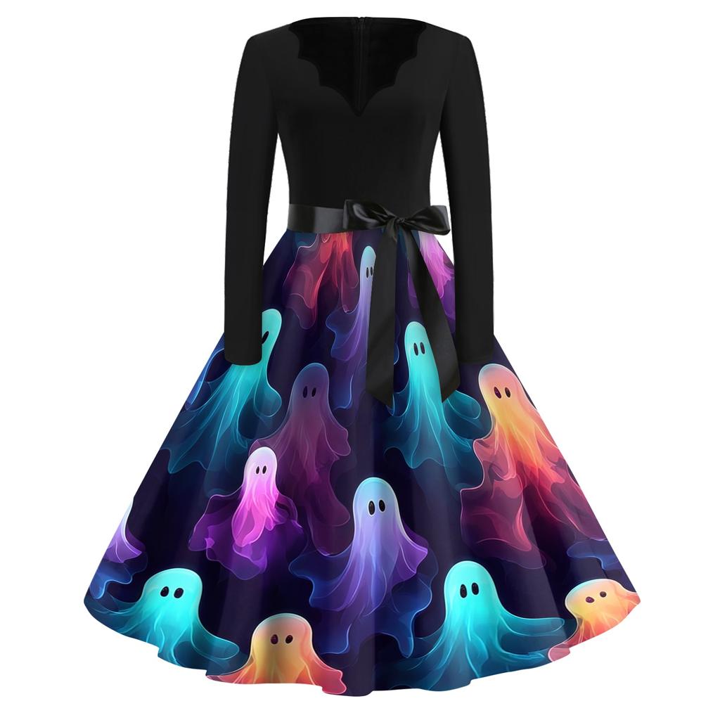 Women Casual Halloween Print V Neck Vintage Dress Long Sleeve Retro Style A Line Skater Dress with Waist Tie for Seasonal Events