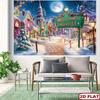 2D flat, 1 person Whoville Christmas Snow Village background, colorful houses, candy canes and moonlight night view - po