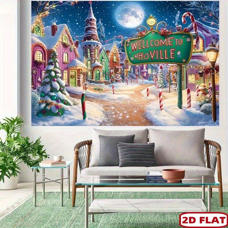 2D flat, 1 person Whoville Christmas Snow Village background, colorful houses, candy canes and moonlight night view - po