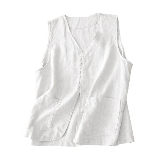 Хлопково-льняной жилет для женщин летний без рукавов кардиган повседневный на пуговицах короткая куртка