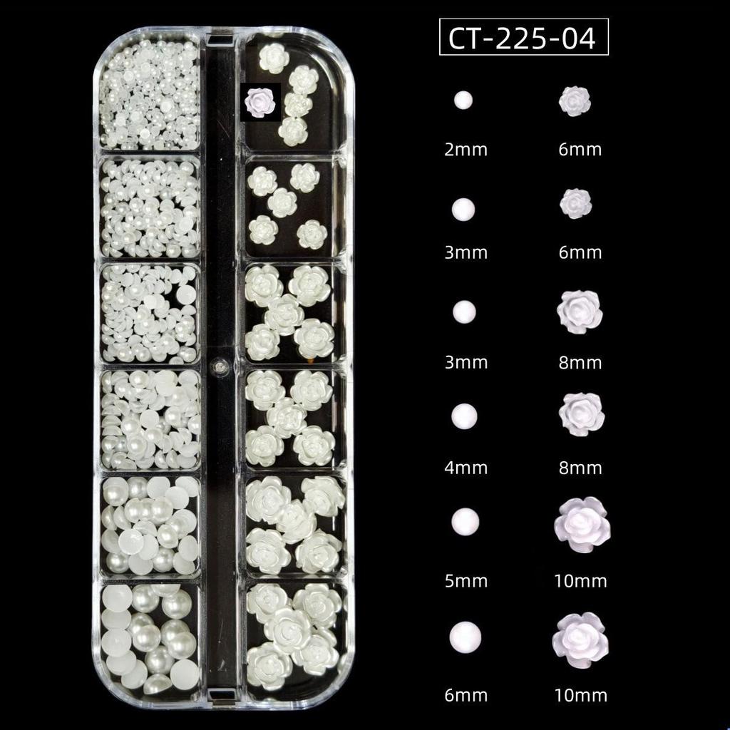 Camellia 3D Nail Art Set: Transparent Aurora, White Iridescent, and Rose Flower Decorations