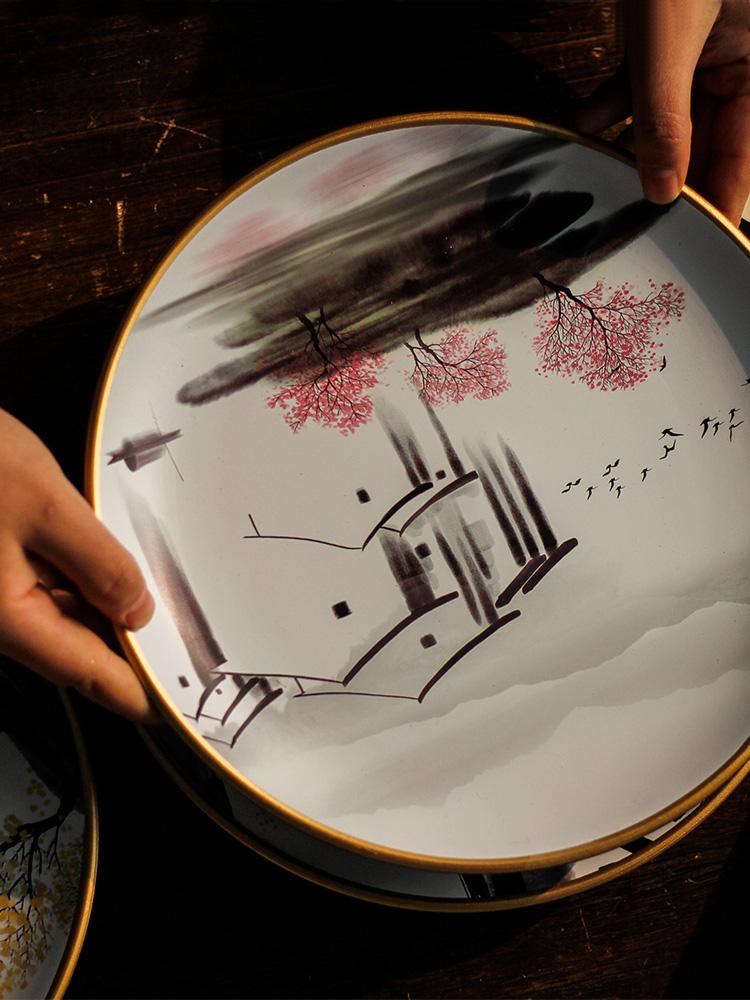 Hanging Dish Ceramic Painted New Chinese Desktop Study Wine Cabinet Ornaments Home Living Room Creative Wall Hanging Decoration