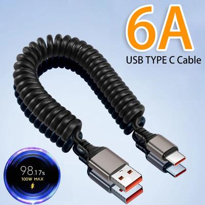 6A USB Type C кабель для быстрой зарядки USB\Type-C на Type-C Carplay пружинный кабель для iPhone 12 13 14 Xiaomi Samsung Huawei кабель для передачи данных