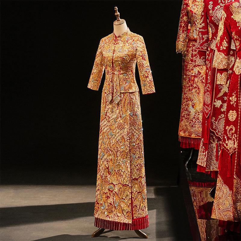 2022 Xiuhe Gold Chinese Wedding Dress: Elegant Slim Dragon and Phoenix Gown for Brides