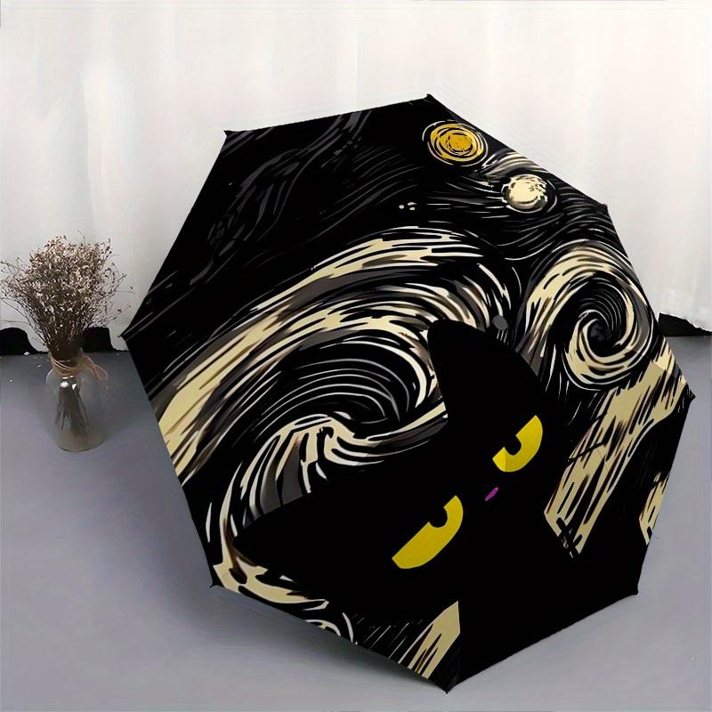 Starry Night Cat Automatic Folding Umbrella 8 Ribs, Durable Iron Frame, Bright Color Pattern Compact Travel Umbrella, Suitable for Outdoor,