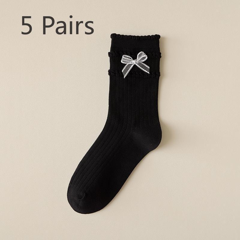 5 Pairs of Thin Solid-color Sweet Bow Mid Calf Socks for Girls In Summer