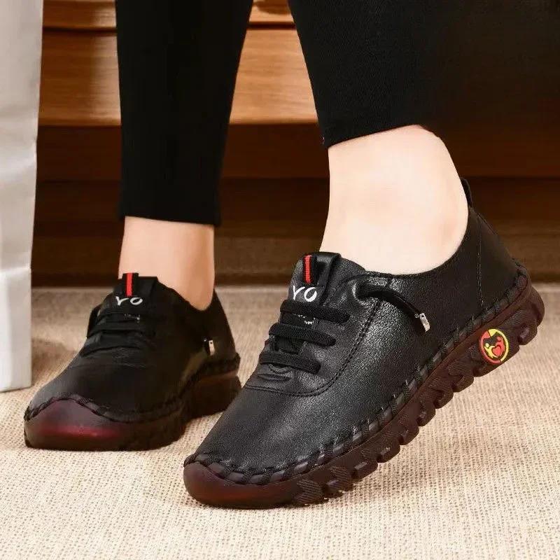 2024 Весна Повседневная женская обувь на низком каблуке Мокасины Модные шнуровки из натуральной кожи на плоской подошве Туфли для мам Zapatillas Mujer 35-42