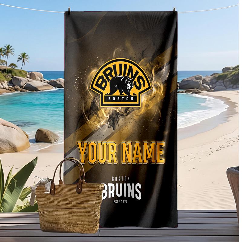 Boston Bruins Custom Beach Towel, Print Your Name Text Lightweight Absorbent Towel for Swimming Travel