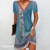 Женское летнее платье с принтом, V-образным вырезом и короткими рукавами, удобные повседневные платья