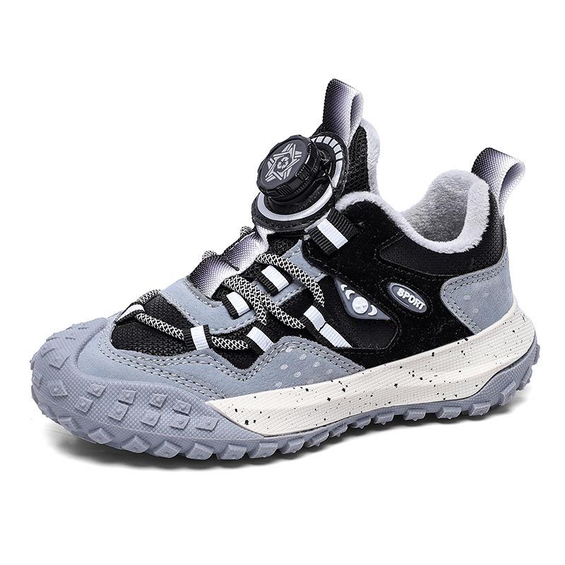 Детская обувь, спортивная обувь 2025 зима новая двуххлопковая теплая кожаная поверхность водонепроницаемая для детей среднего и старшего возраста вращающаяся кнопка нескользящая
