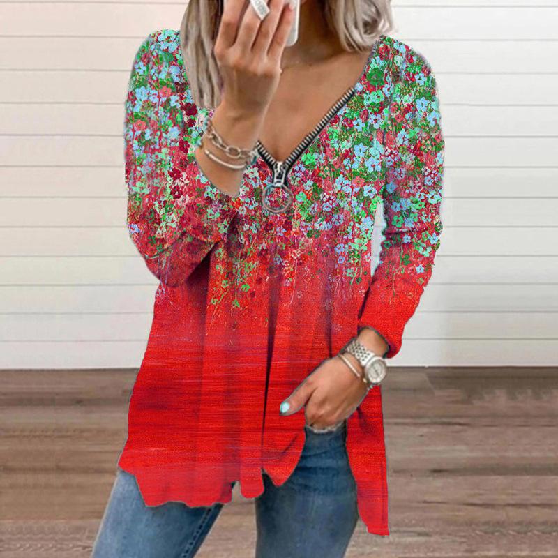 Tooxika Новая свободная футболка с V-образным вырезом и принтом, застежка-молния, цветочный топ с длинными рукавами для женщин