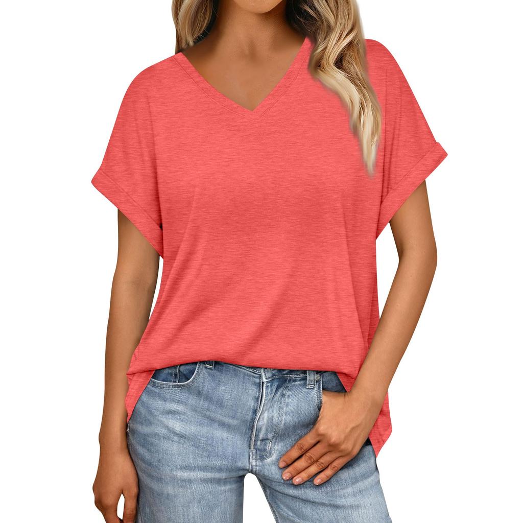 Women's Summer Fashion Solid Color V-Neck Loose Short Sleeve T-Shirt Top