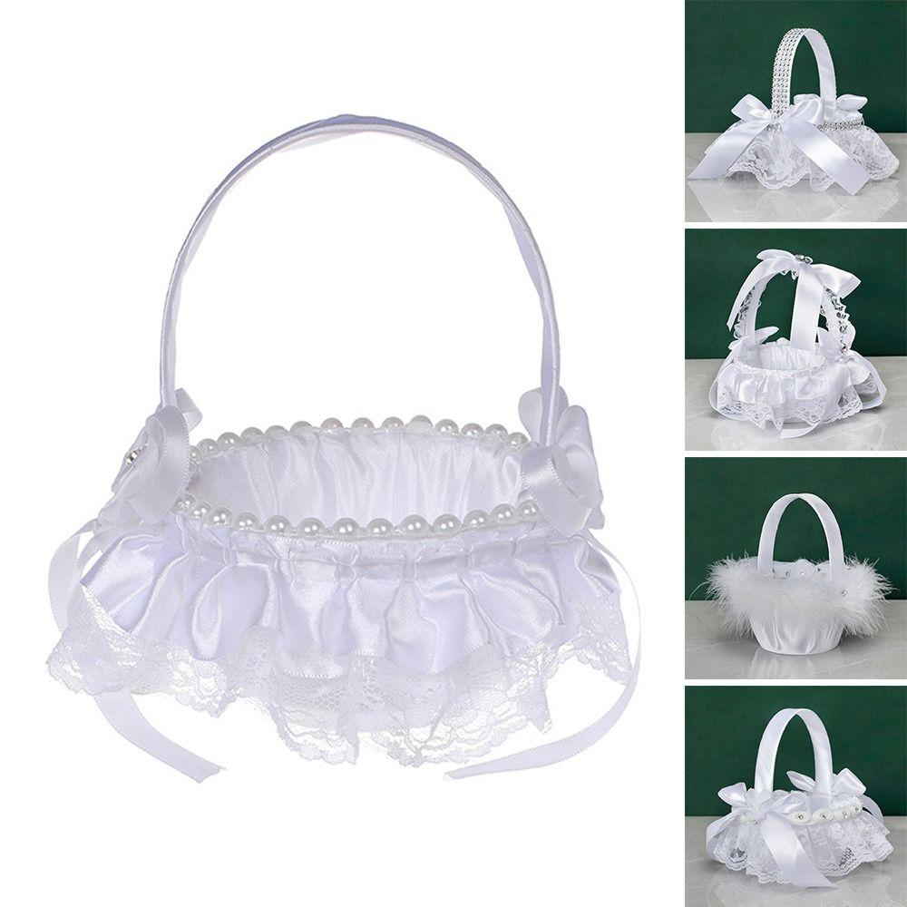 Праздничный Домашний Декор Стразы Кружево Жемчуг Романтичный Белый Свадебная Цветочная Корзина Корзина для Девочки с Цветами