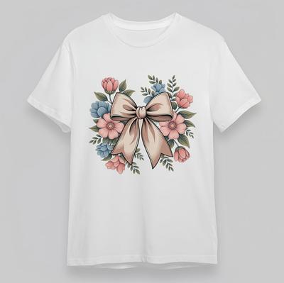 Женская удобная футболка с принтом цветка камелии и банта, хлопковая, короткая, оверсайз, белая