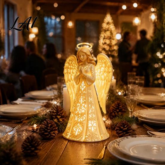 Healing Light Shadow Craft Praying Angel Night Light Resin Decorative Figurine with Warm LED Lights Holy Protection Keepsake for Home Decor Tabletop