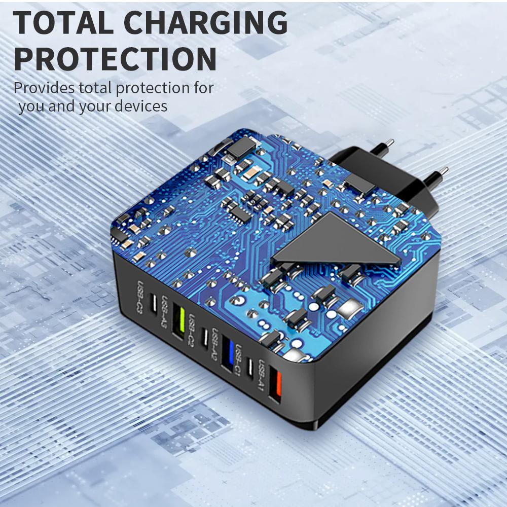 65 Вт 6-портовое USB-зарядное устройство Type C с быстрой зарядкой QC3.0, дорожное зарядное устройство для iPhone, Samsung, Xiaomi, адаптер для мобильного телефона, вилка ЕС и США