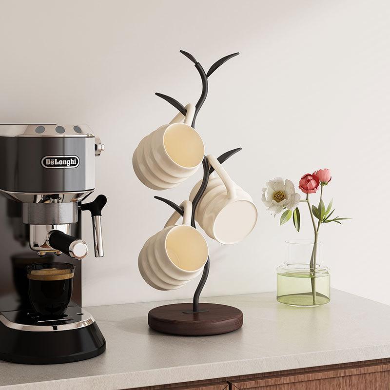 Tree-Shaped Mug Holder Stand with Wooden Base, Decorative Metal Cup Rack for Coffee Mugs, Tea Cups & Accessories, Countertop Kitchen Organizer