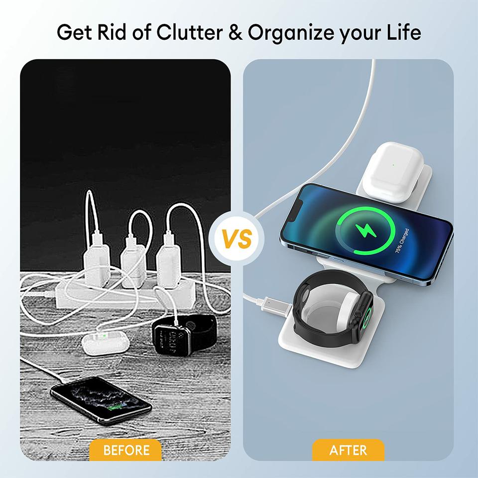 W-126 3 In 1 Wireless Magnetic Charging Station Phone Charging Pad Foldable Watch Earphone Charger