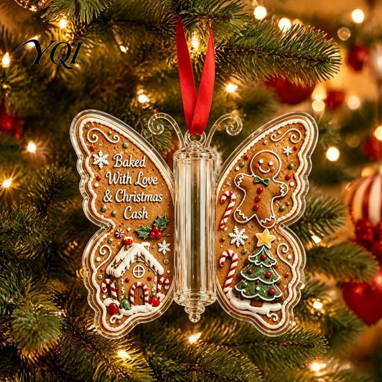 Personalized Cash Surprise Ornament Christmas Money Holder Ornament, Acrylic Hanging Decor with Vintage Festive for Family Butterfly Print,