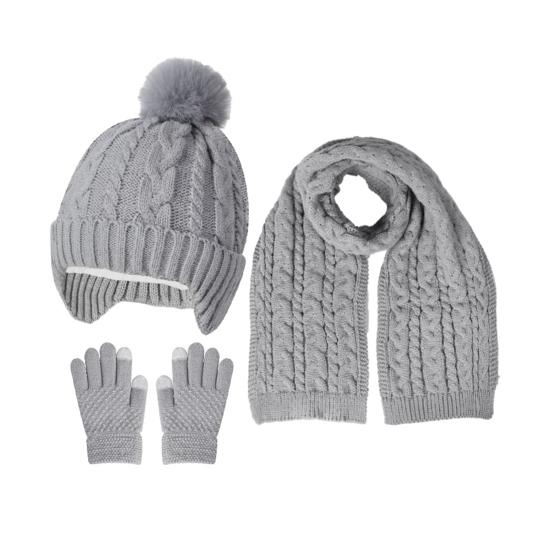 3 шт./набор Детская шапка, шарф, перчатки Комплект Декор плюшевым помпоном Вязаная шапка с узором «косичка» Длинный шарф Зимний комплект перчаток Зимние аксессуары