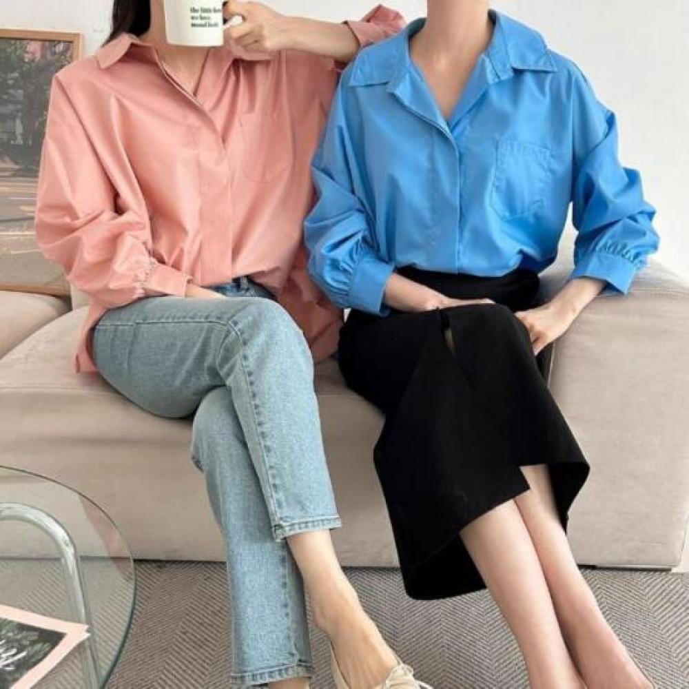 New Arrivals Open Run Loose Fit Shirt Coral Hidden Placket Long Sleeve Cotton