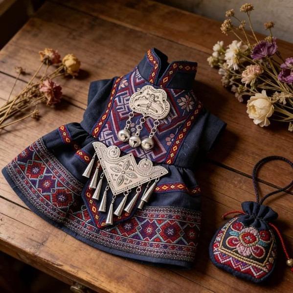 Chinese Ethnic Pet Dress Silver Ornament Clothes Small Medium Dogs Teddy Puppy Embroidery Cat Outfit Oriental Pet Costum