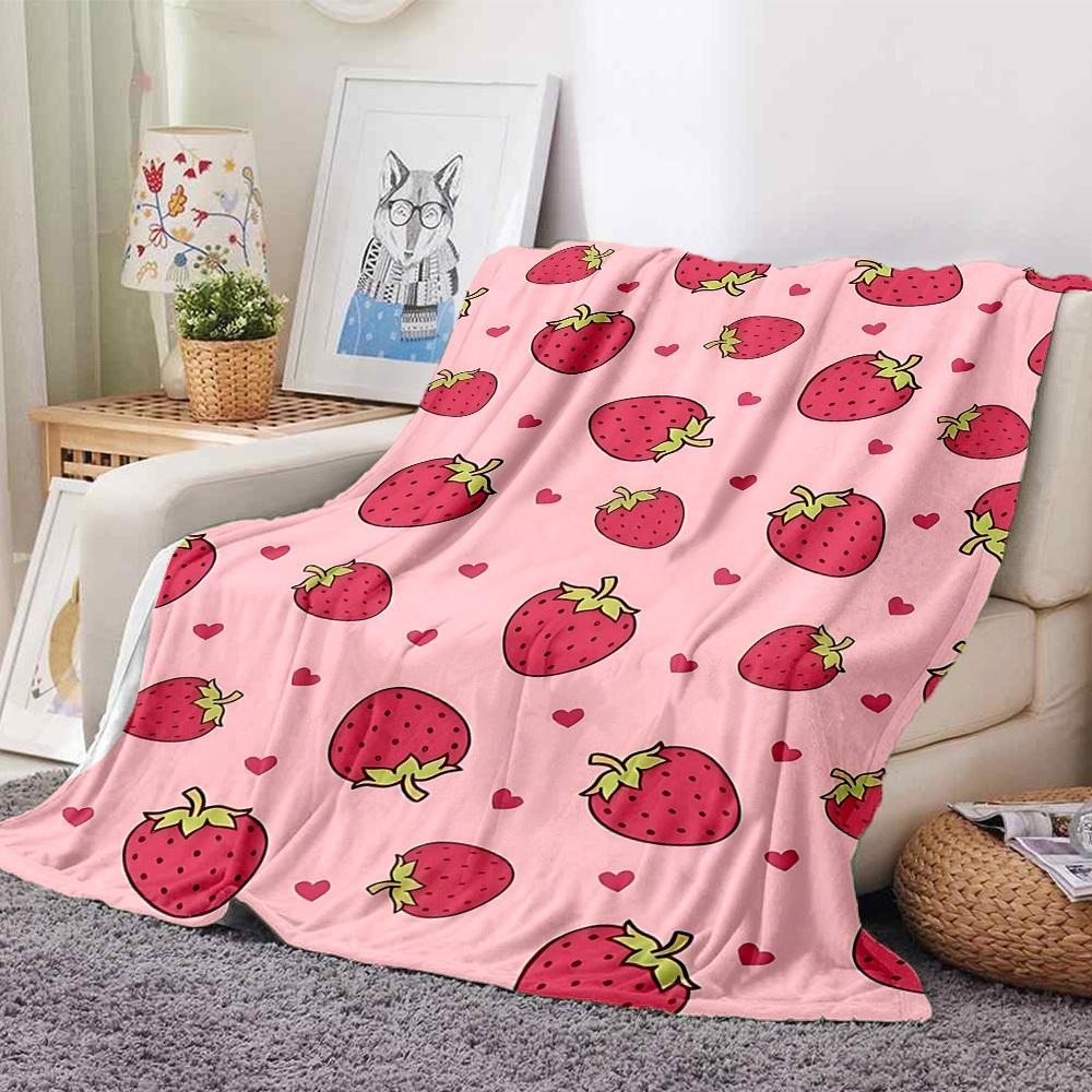 1pc Strawberry Heart Lightweight Flannel Blanket, Comfortable and Warm Blanket, for Office and Camping Sofa Bed037