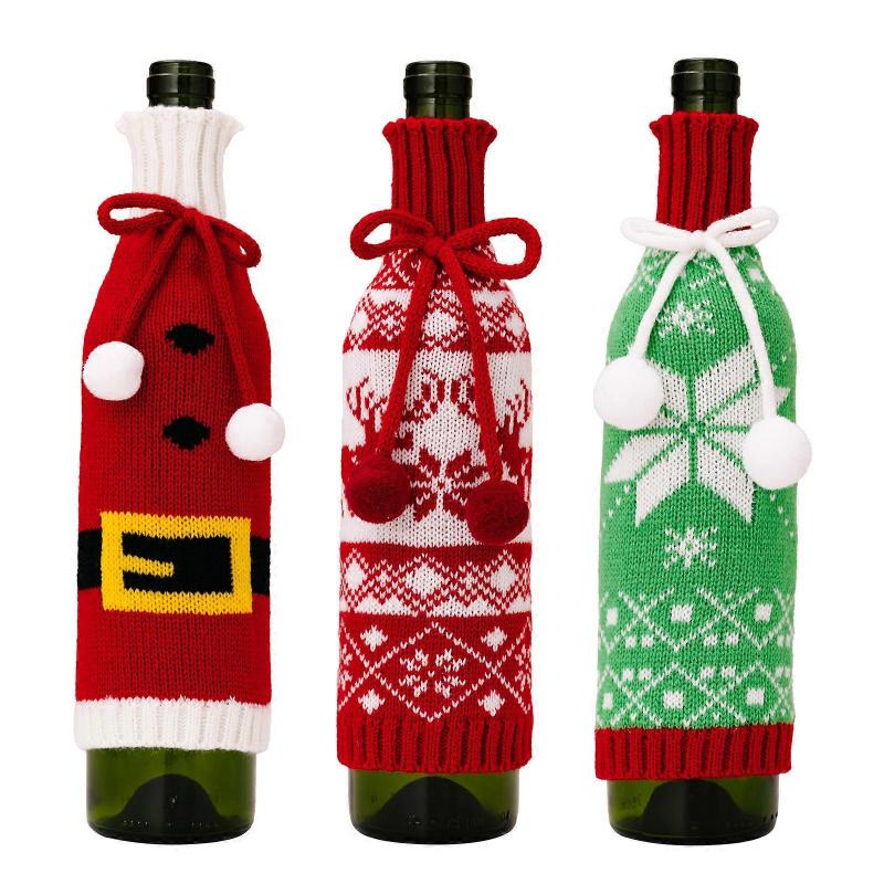 New Christmas decoration supplies knitted wine bottle cover woolen champagne wine cover Christmas snowflake wine cover 3PCS