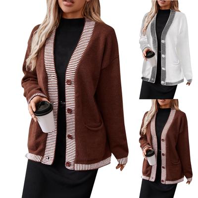 Женский кардиган свободного кроя с цветными блоками и V-образным вырезом, с длинными рукавами и пуговицами