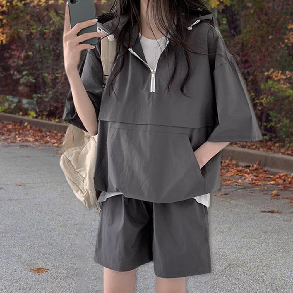 Женский комплект: Худи и Шорты для Отдыха Комплект Женская Повседневная Спортивная Одежда с Худи Шорты для Отдыха Большие Карманы Рукав Три Четверти для Повседневной Носки