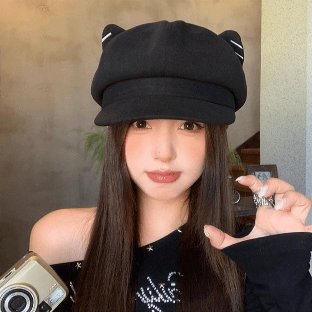 Woolen Cat Ear Hat Solid Color Octagonal Cap Retro British Beret Hat  Painter