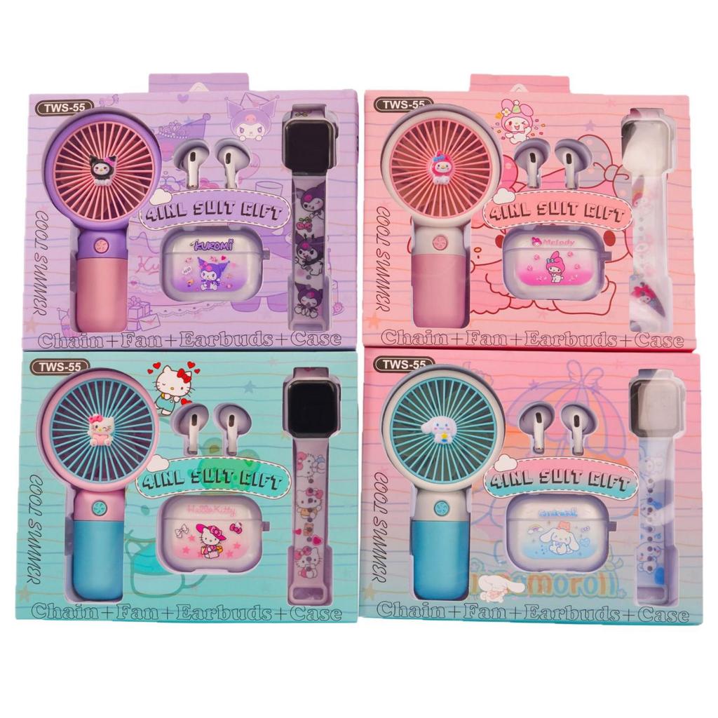 2025 New Sanrio Wireless Bluetooth Earphones with Mini Fan & Bracelet Case