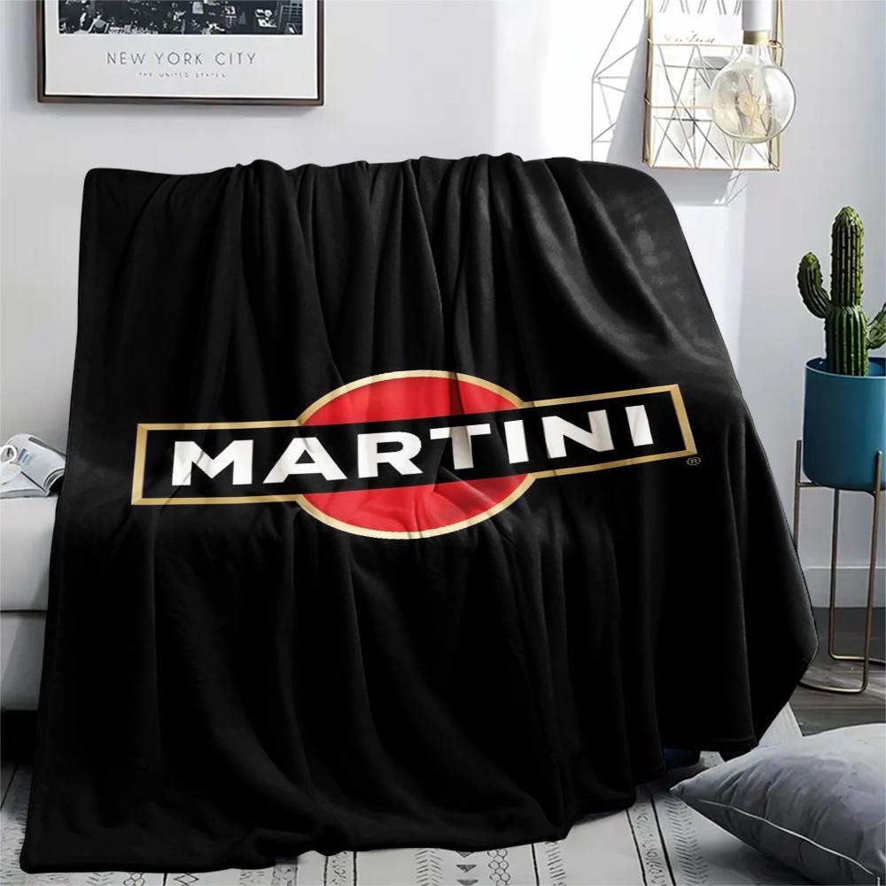 Martini Classic Brand Logo Black Background Print Flannel Blanket Retro Bar Style Soft Throw Blanket Sofa Bedroom Travel Home Decor